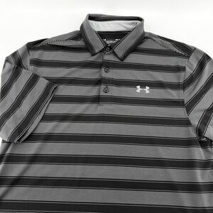 Under Armour Mens Medium HeatGear Striped Polo Shirt Black Grey Loose Fit